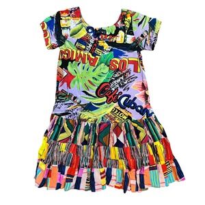 Jams World Cafe Cuban Hattie Dress Colorful Graphic Festive Tropical Tiered XS